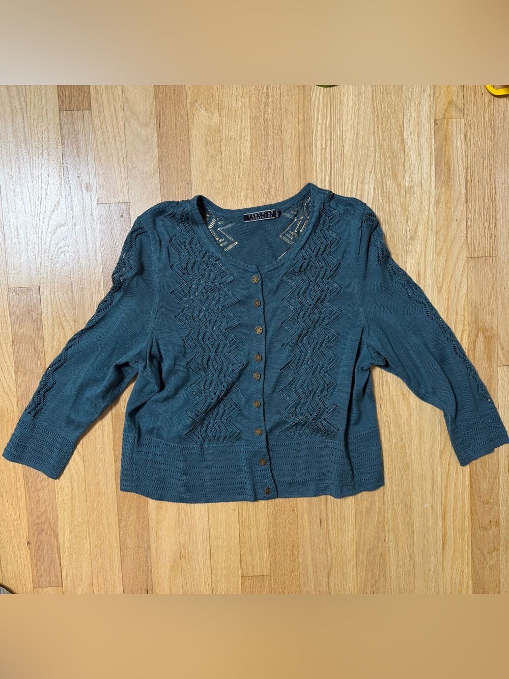 Peruvian Connection Green Chaco Lace Cardigan Sweater Large Lightweight - Picture 4 of 11